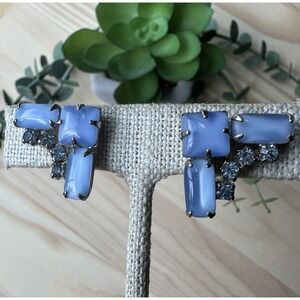 VTG Clip Earrings 1" Blue Satin Glass Rhinestones Silver Tone Screw Back Classic
